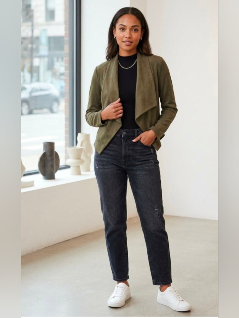 Season 6 Cropped Faux Suede Olive Green Blazer Jacket Size M